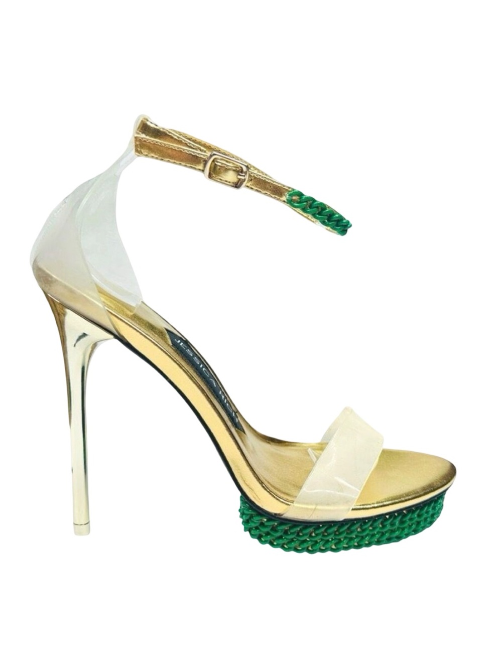 Jessica Rich Green Chain Ankle Strap Gold Stiletto Platform Heels - Size 36